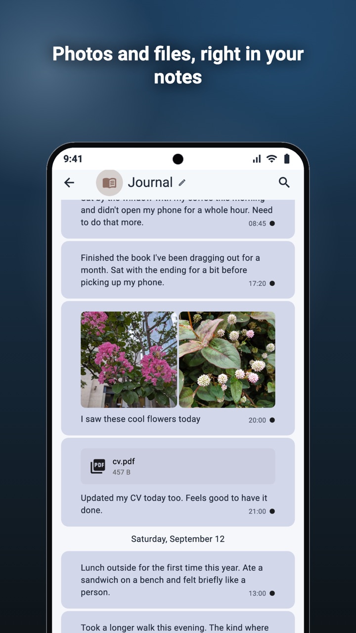 Photos and a PDF attached to notes in a journal